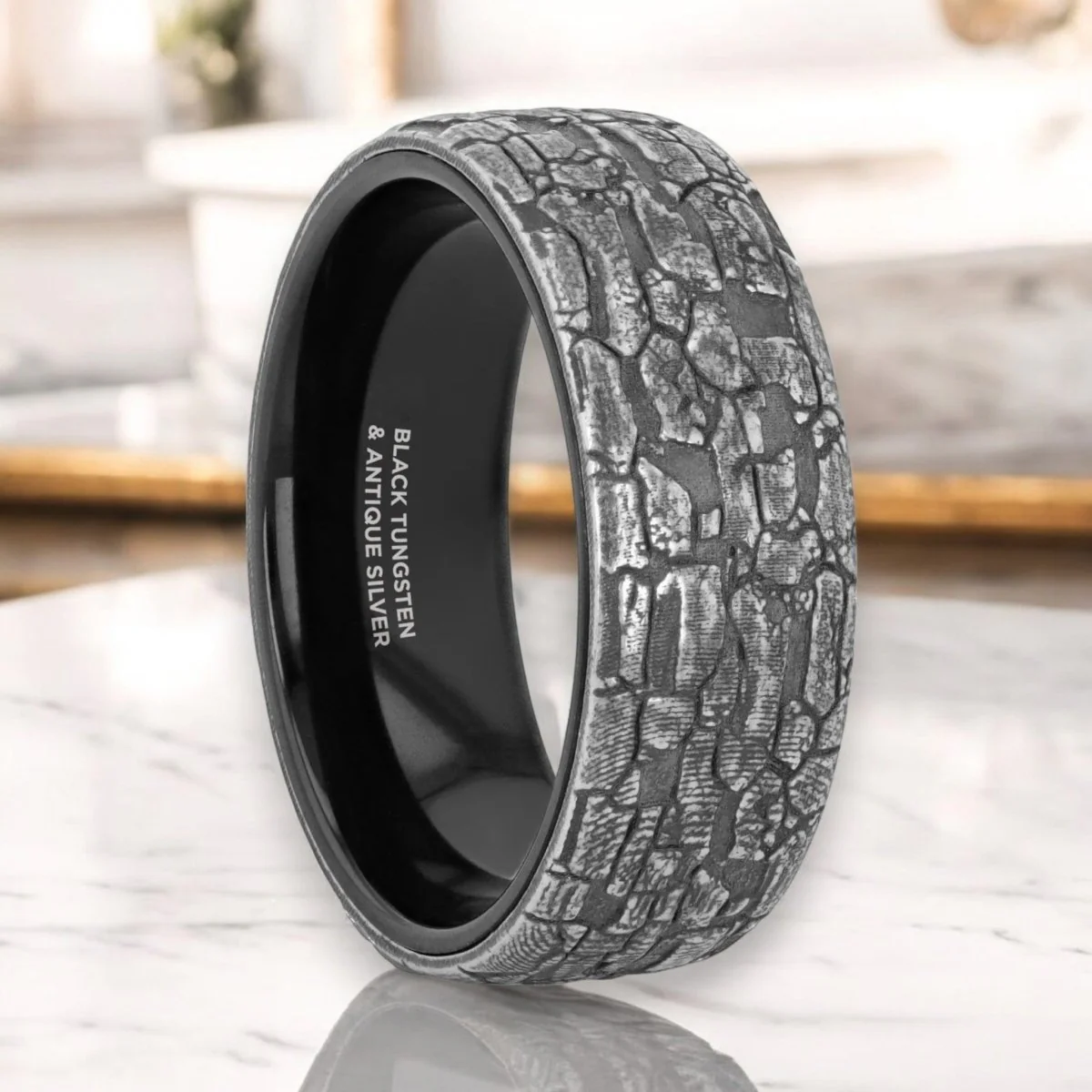 BROOKSTONE | Black Tungsten Ring with Sterling Silver Stonework Pattern